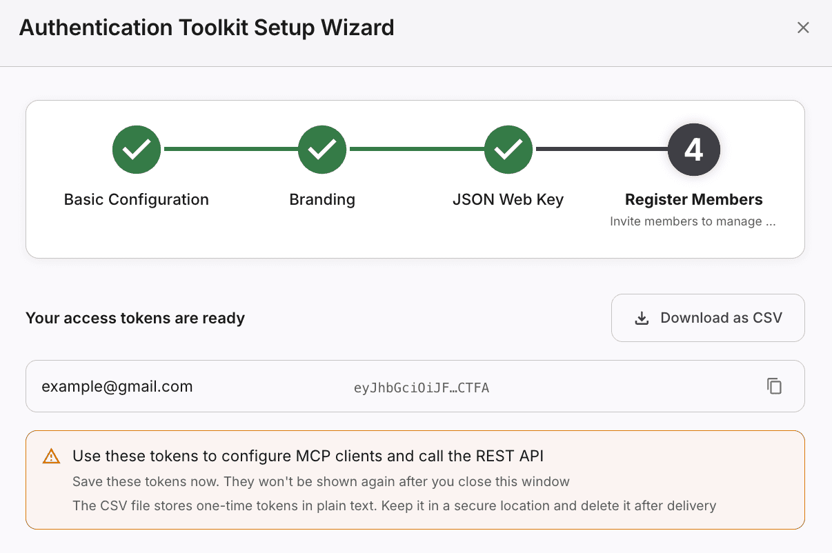 Authentication Toolkit Setup Wizard — access tokens ready