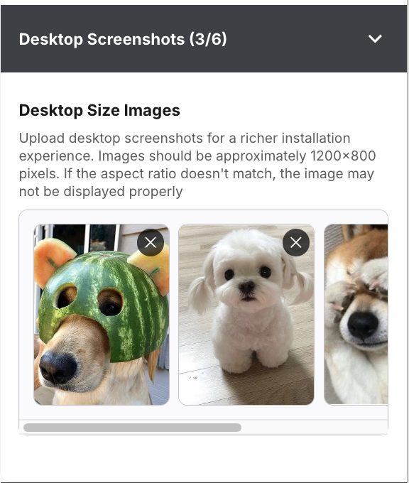 Console — Desktop Screenshots panel with up to 6 image slots